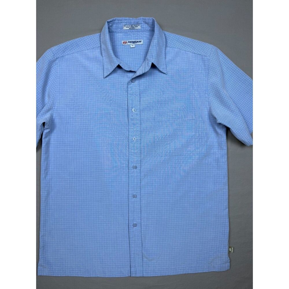 VTG Anchor Blue Y2K Micro Check Short Sleeve Button Down Shirt